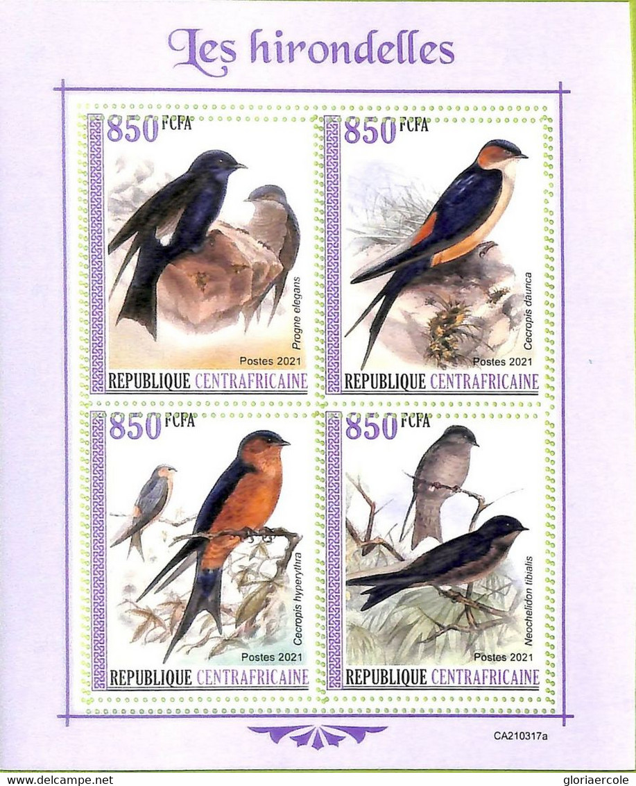 A7561 - CENTRAFRICAINE- ERROR MISPERF Stamp Sheet - 2021 - Birds: Swallows - Swallows