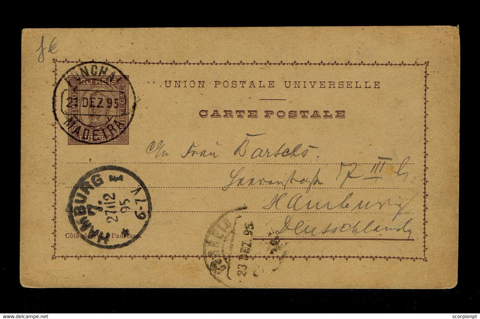 Sp8999 FUNCHAL Madeira Island Portugal 20r. Issue (1893 Till 1897) D.Carlos Postal Stationery Mailed 1895 Hamburg - Funchal