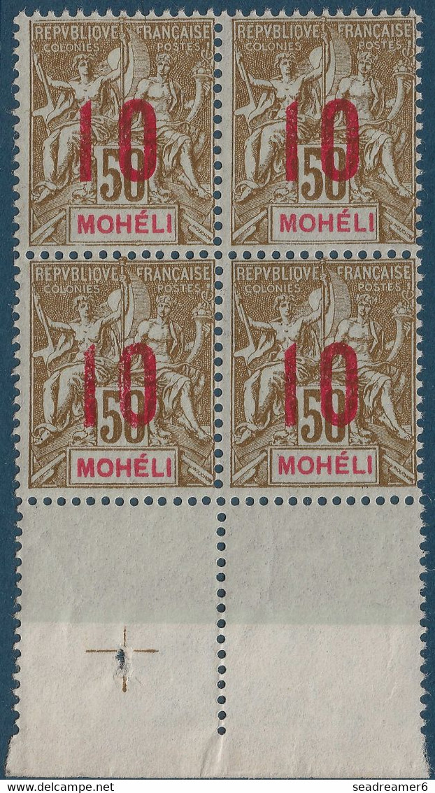 Colonies Type Groupe Mohéli Bloc De 4 BDFeuille N°21Aa** Variété 1 & 0 Espacés Tenant à Normal Signé Calves - Unused Stamps