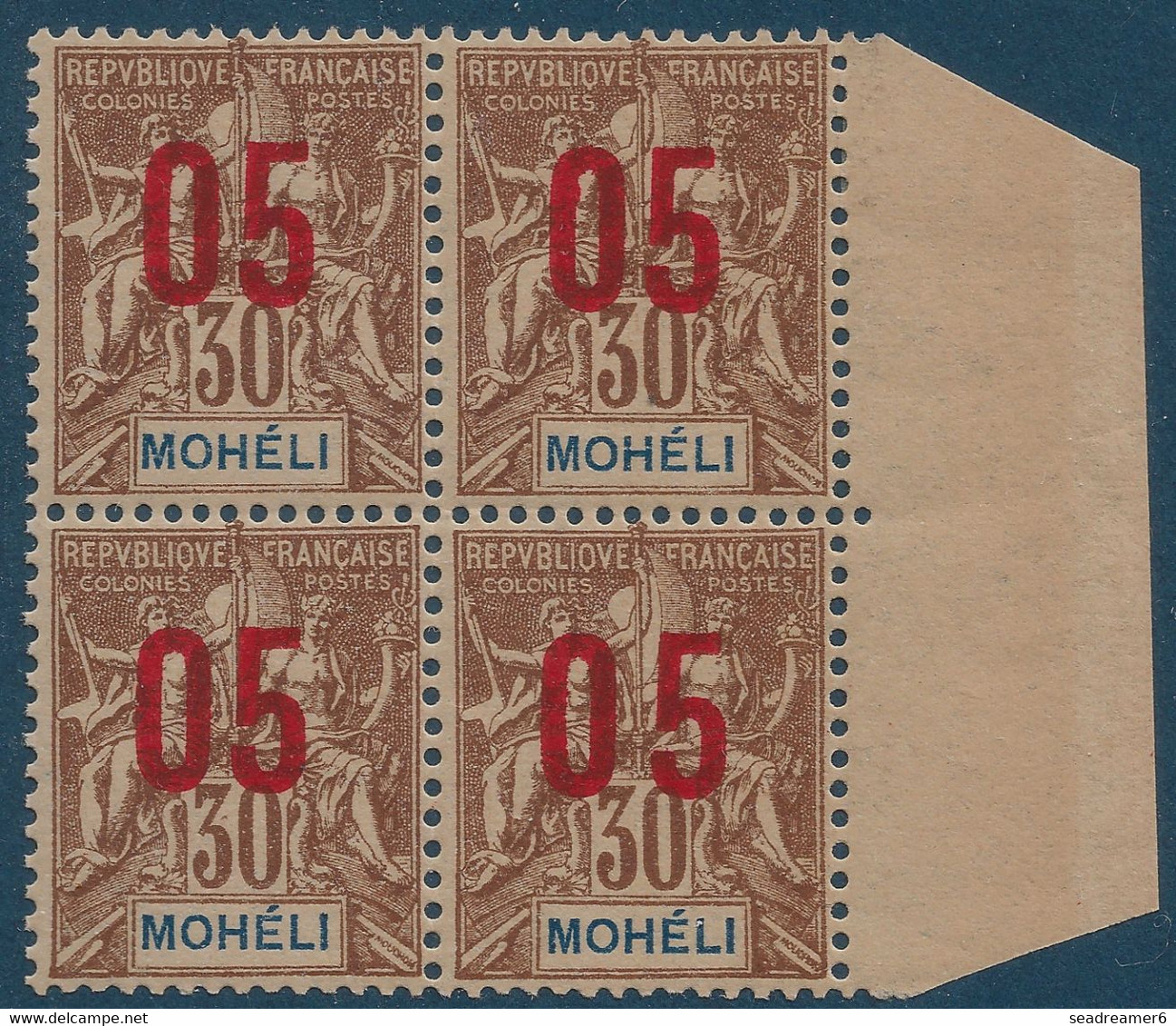 Colonies Type Groupe Mohéli Bloc De 4 BDFeuille N°19Aa** Variété 1 & 0 Espacés Tenant à Normal Signé Calves - Unused Stamps