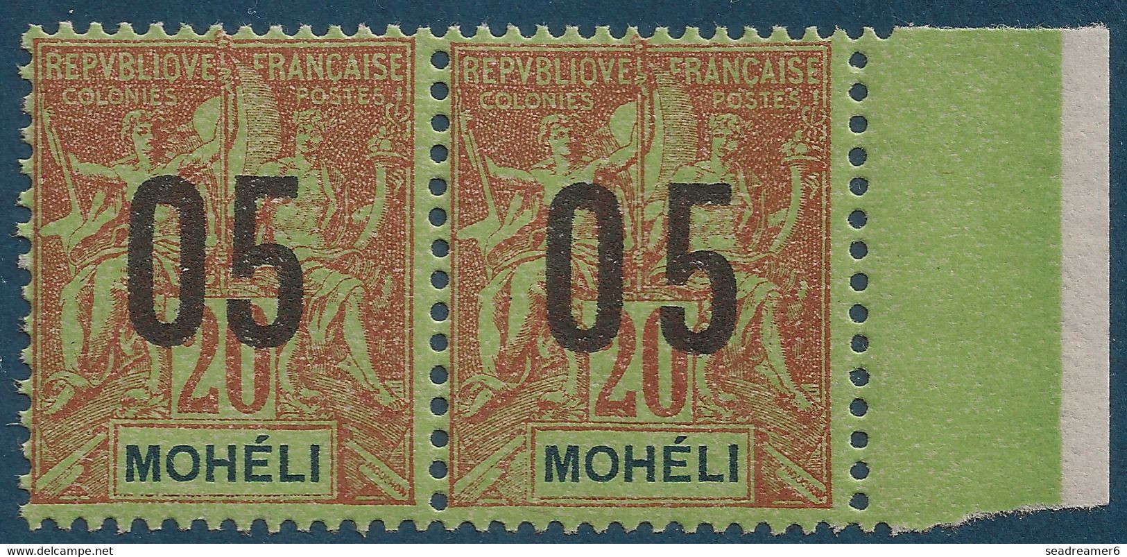 Colonies Type Groupe Mohéli  Paire BDFeuille N°18Aa** Variété 0 & 5 Espacés Tenant à Normal Signé Calves - Unused Stamps