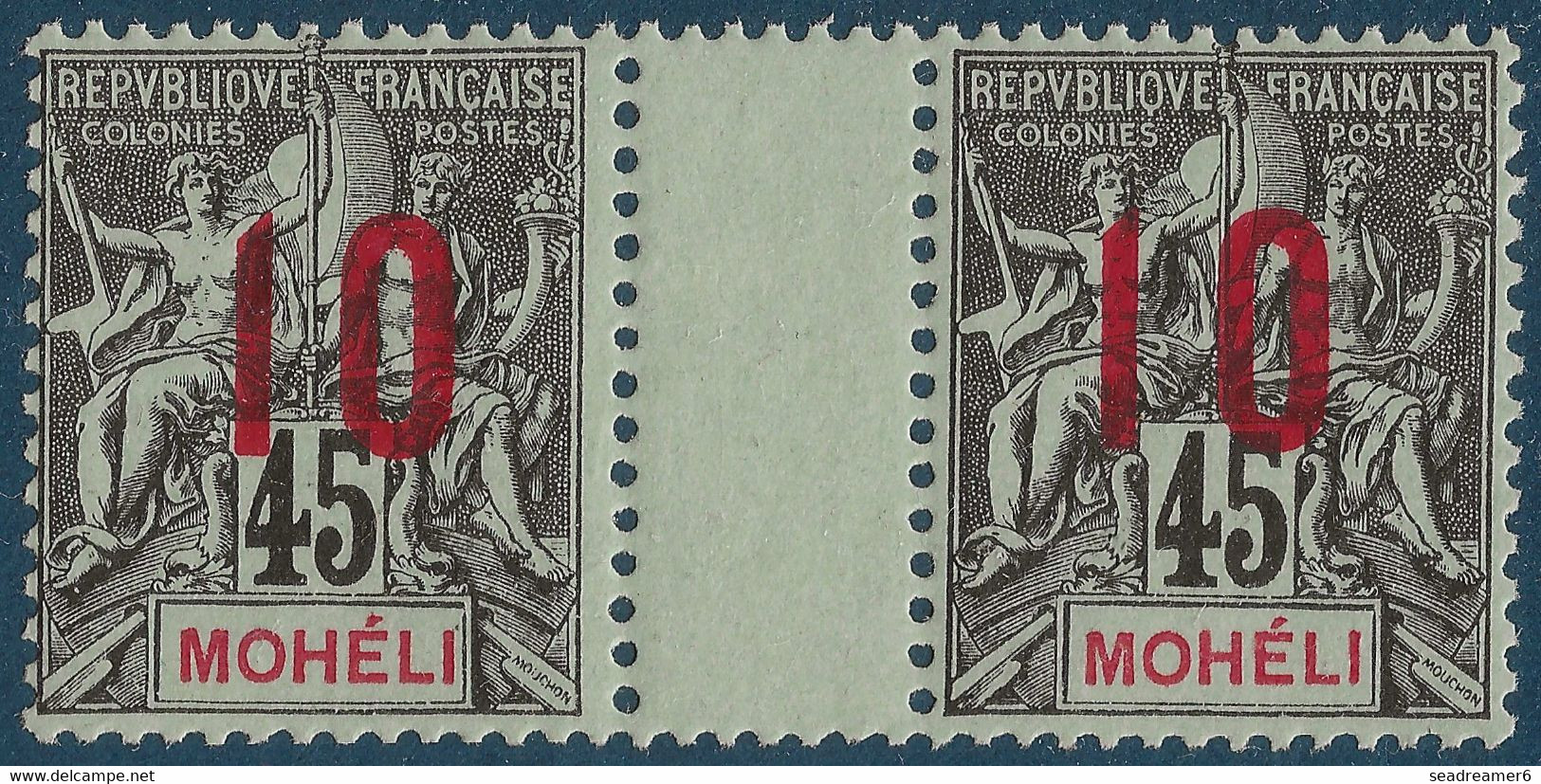 Colonies Type Groupe Mohéli Paire Interpanneau N°21Aa** Variété 1 & 0 Espacés Tenant à Normal Signé Calves - Unused Stamps