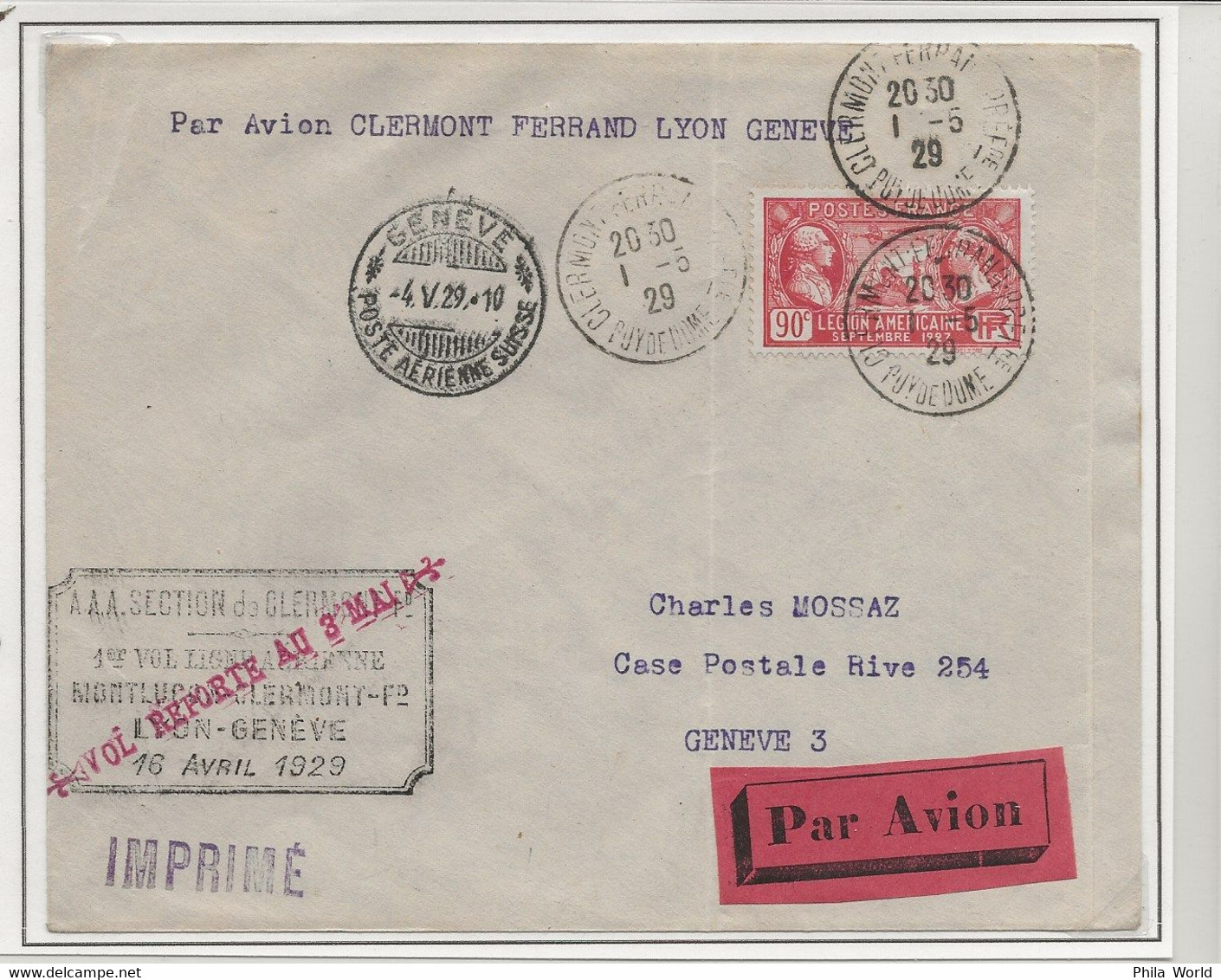 SODAC 1929 Ephémère Compagnie Aérienne FRANCE 1er Vol REPORTE Ligne MONTLUCON CLERMONT LYON GENEVE Pilote BOUTHIER - Aerei