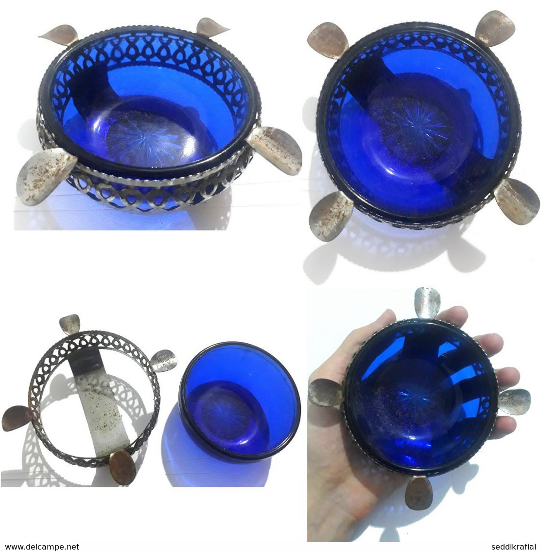 Vintage Elegant Glass Bohemian Cobalt Blue Cut Crystal Smoker Cigarette Ashtray - Vidrio