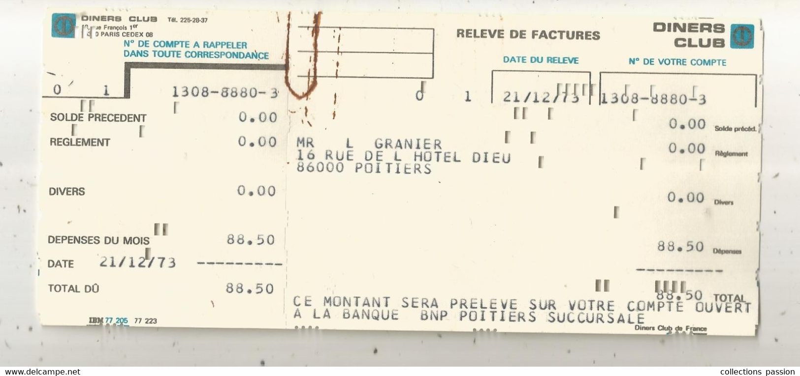 Relevé De Facture , CARTE DINERS CLUB , 1973 , Frais Fr 1.75 E - Ohne Zuordnung