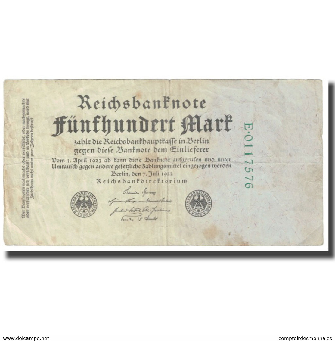 Billet, Allemagne, 500 Mark, 1922, 1922-04-01, KM:74b, B+ - 500 Mark
