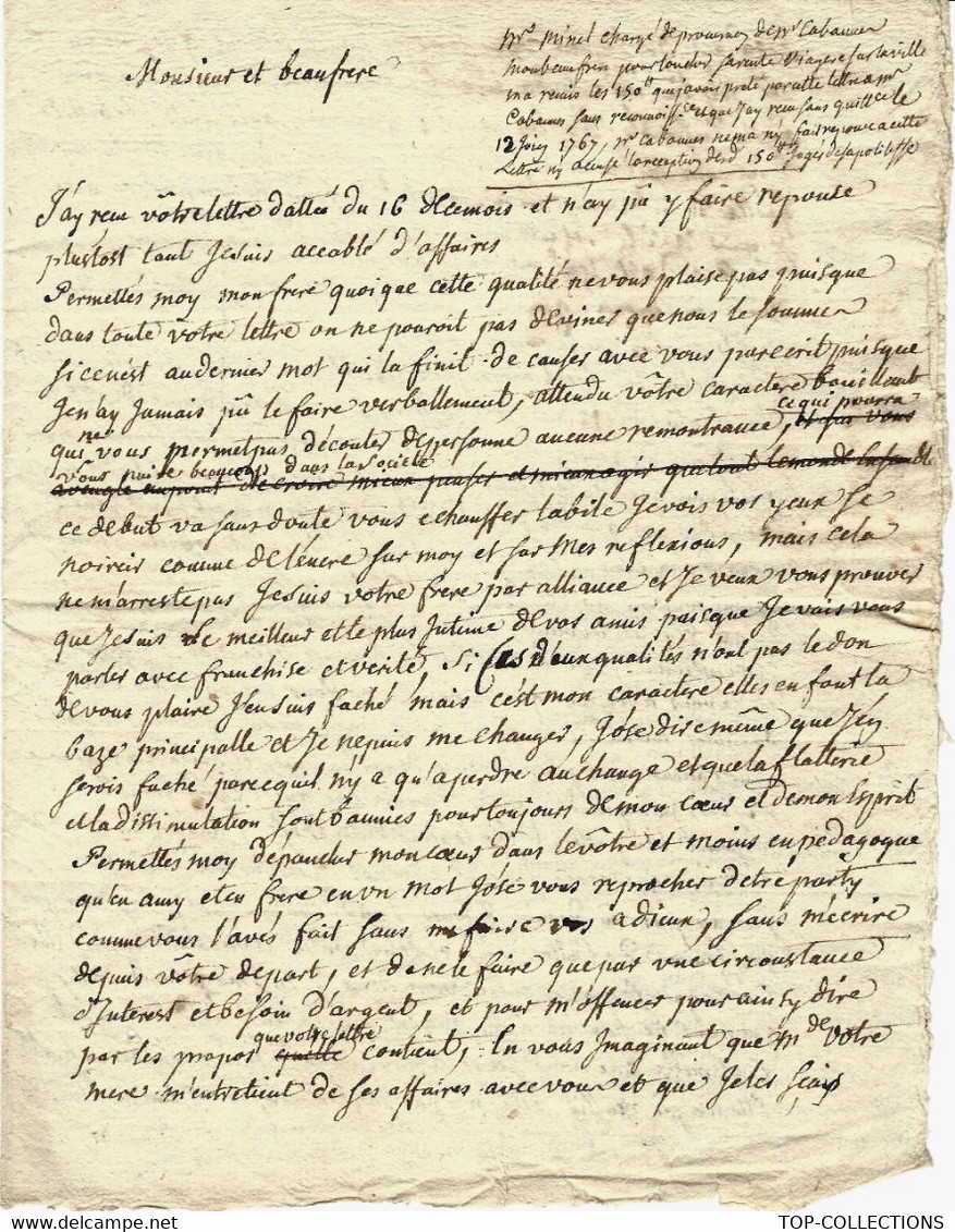 1766 LETTRE (par Cabannes à Paris) à Son Beau Frère Ancien Soldat De La Compagnie Des Indes LETTRE FAMILIALE - Historical Documents