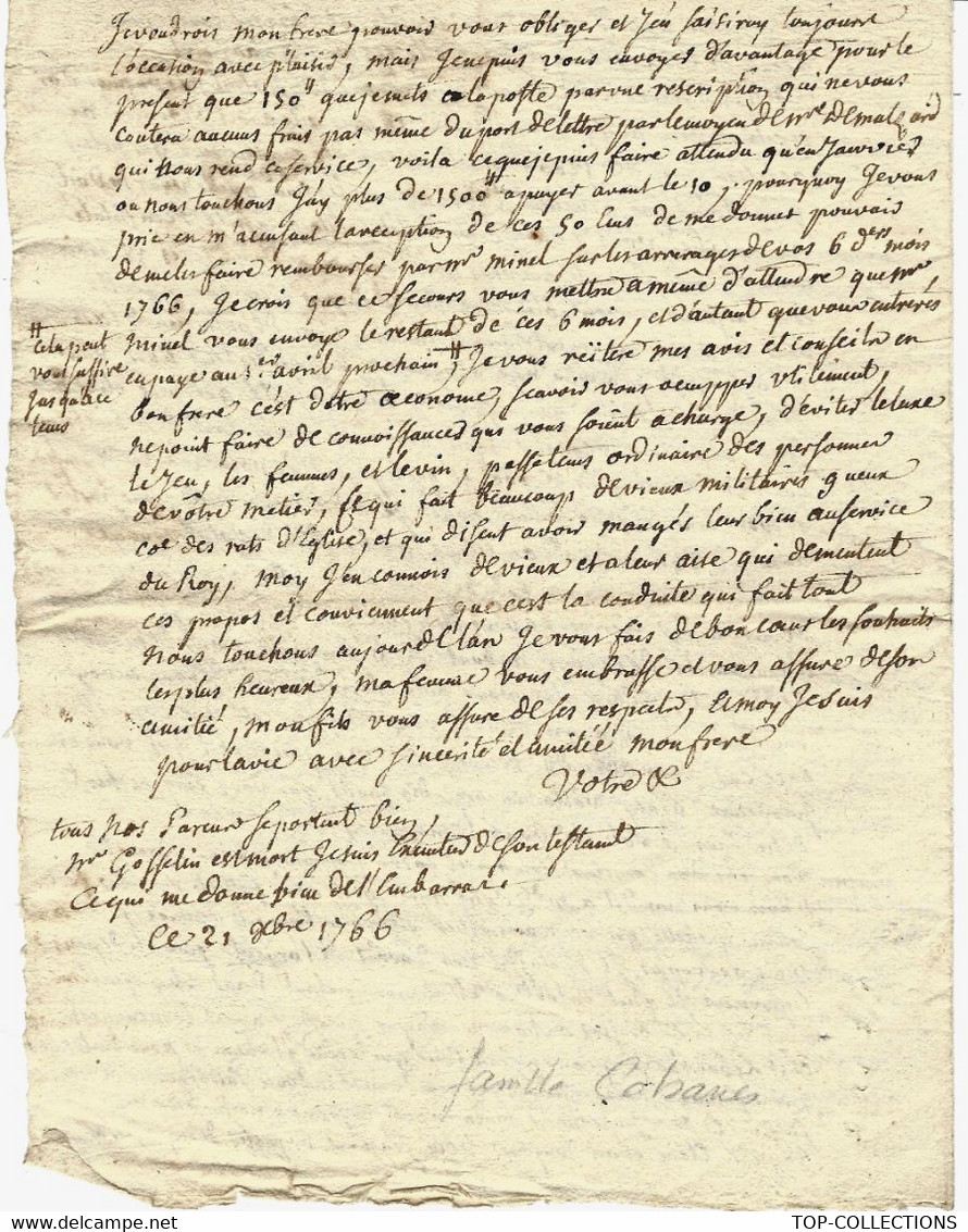 1766 LETTRE (par Cabannes à Paris) à Son Beau Frère Ancien Soldat De La Compagnie Des Indes LETTRE FAMILIALE - Historical Documents