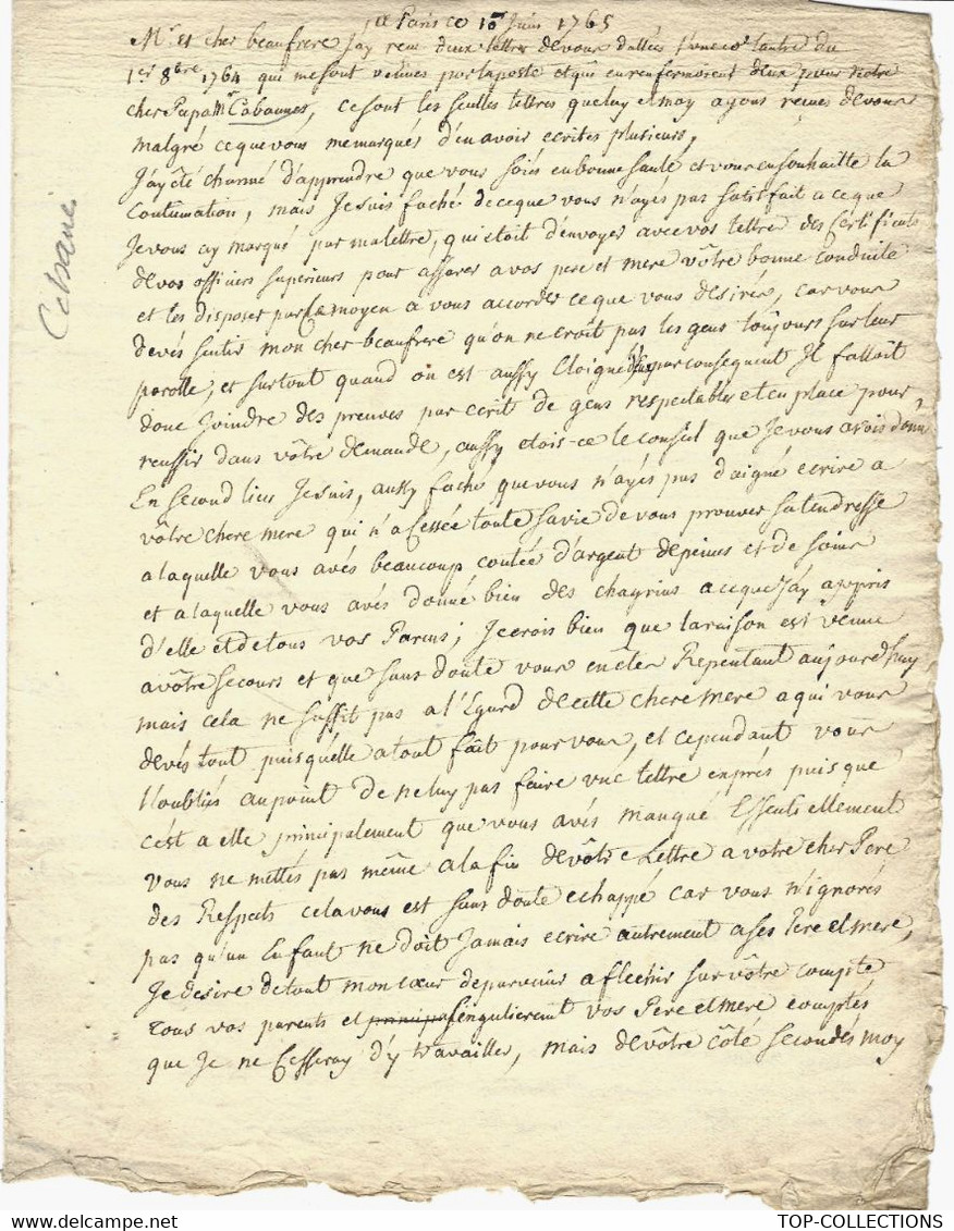 1765  LETTRE (par Cabannes à Paris) à Son Beau Frère Ancien Soldat De La Compagnie Des Indes LETTRE FAMILIALE MORALE - Historische Dokumente
