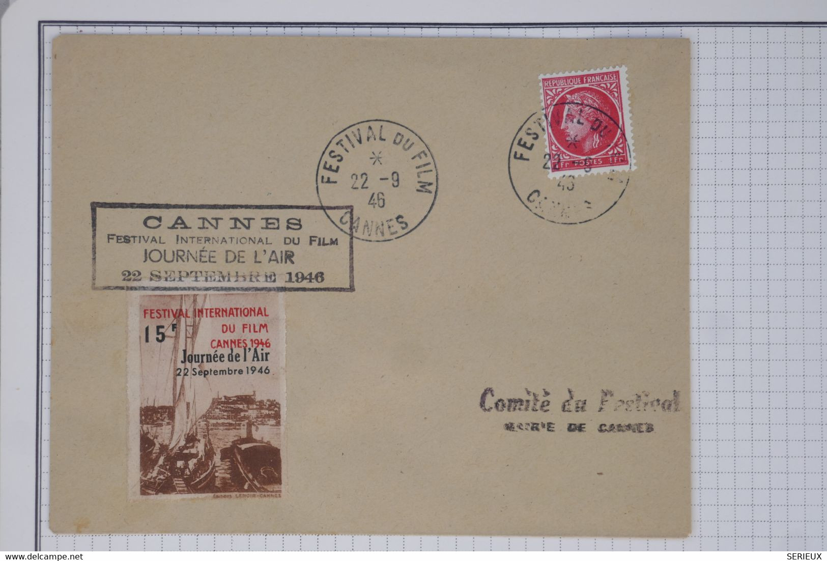 BA2  FRANCE BELLE LETTRE 1946 1ER  FESTIVAL DU FILM CANNES + VIGNETTE +++++AFFRANCH. PLAISANT - 1927-1959 Lettres & Documents