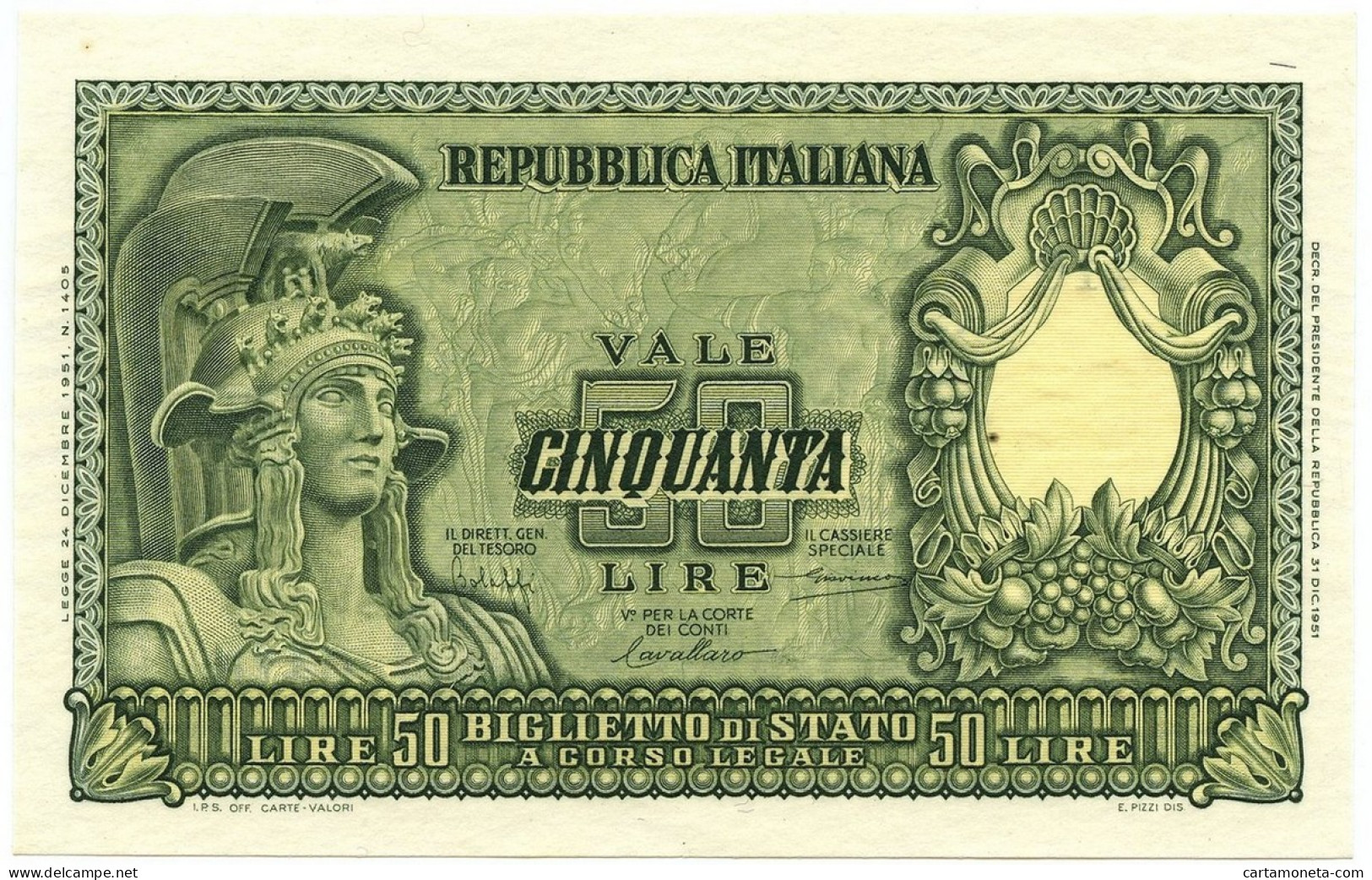 50 LIRE BIGLIETTO DI STATO ITALIA ELMATA BOLAFFI 31/12/1951 FDS-/FDS - Sonstige & Ohne Zuordnung