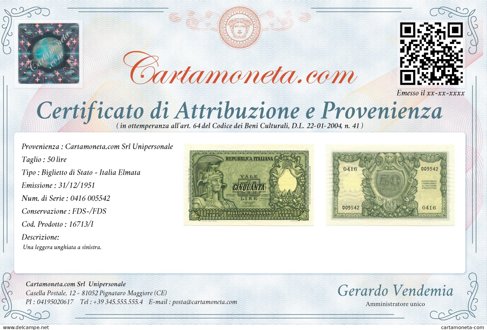 50 LIRE BIGLIETTO DI STATO ITALIA ELMATA BOLAFFI 31/12/1951 FDS-/FDS - Other & Unclassified