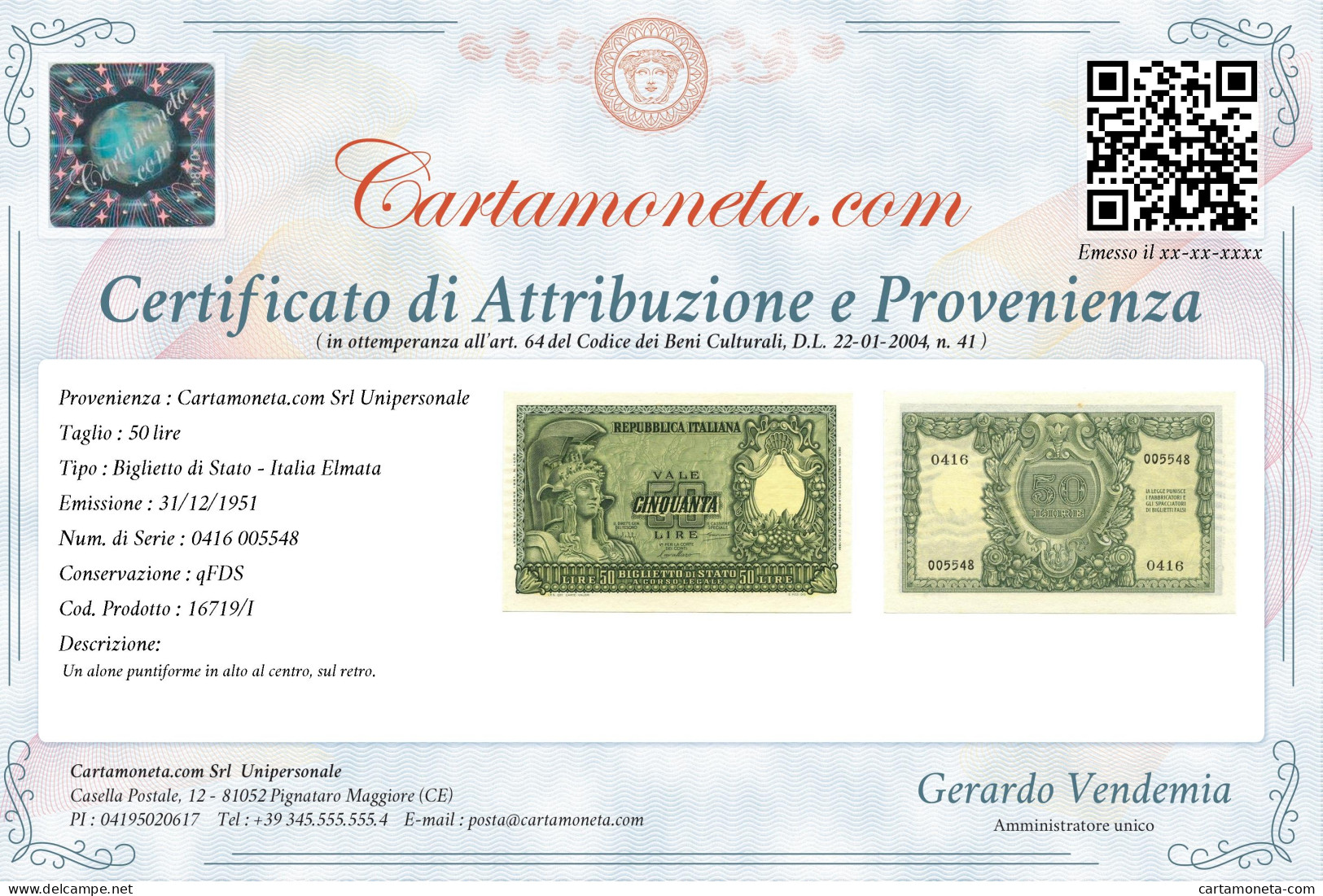 50 LIRE BIGLIETTO DI STATO ITALIA ELMATA BOLAFFI 31/12/1951 QFDS - Other & Unclassified