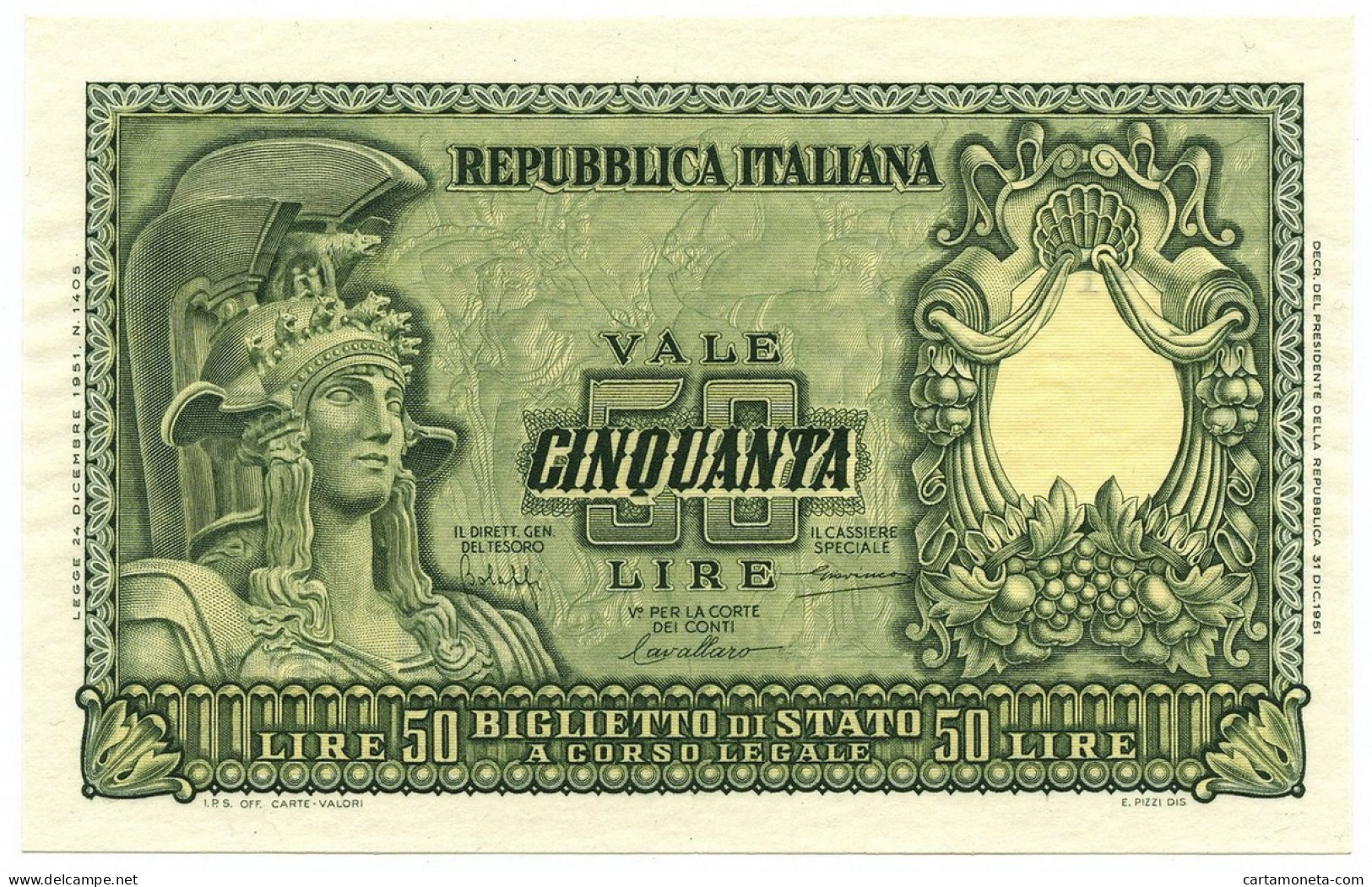 50 LIRE BIGLIETTO DI STATO ITALIA ELMATA BOLAFFI 31/12/1951 FDS - Altri & Non Classificati