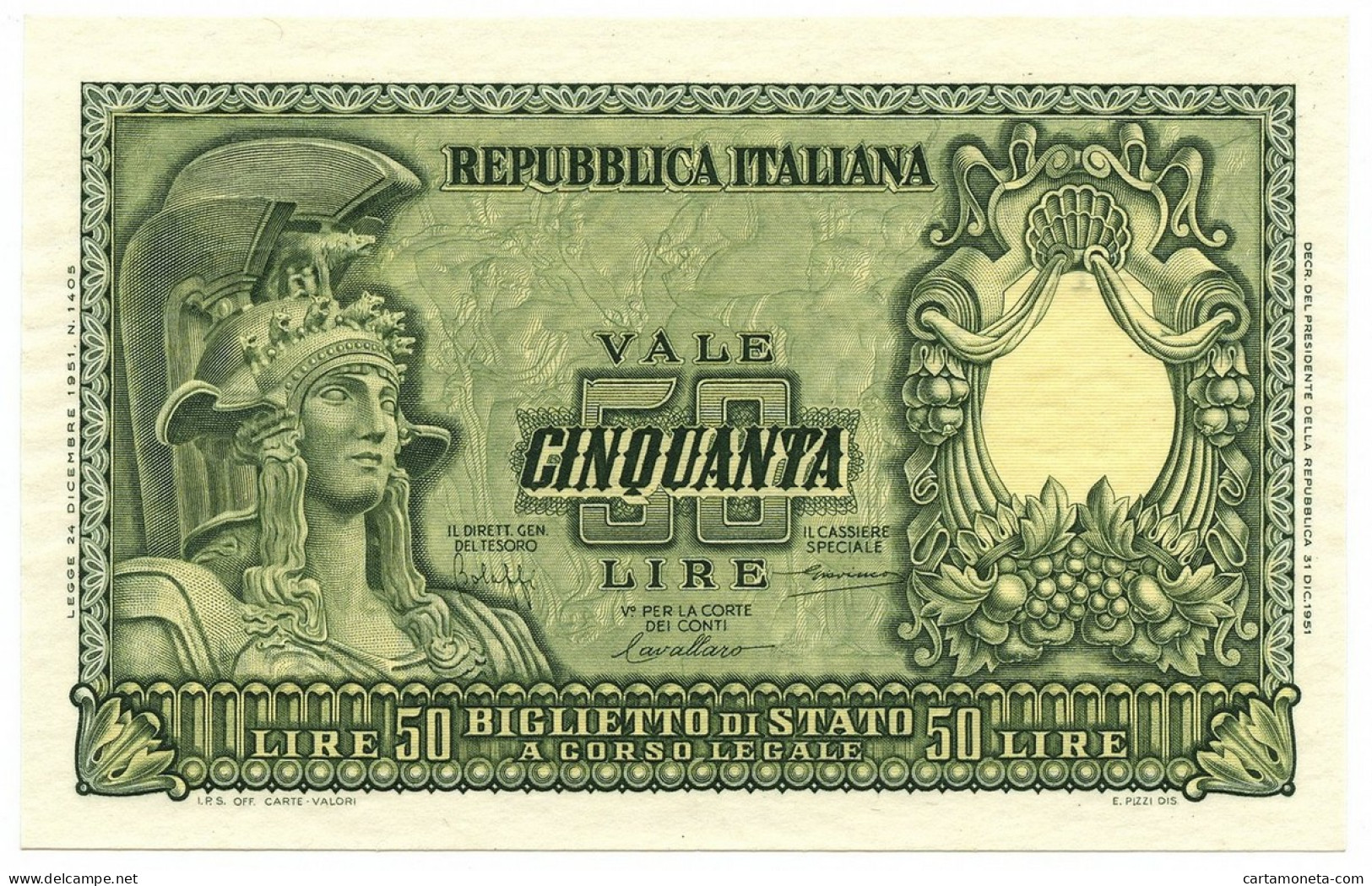 50 LIRE BIGLIETTO DI STATO ITALIA ELMATA BOLAFFI 31/12/1951 FDS - Autres & Non Classés