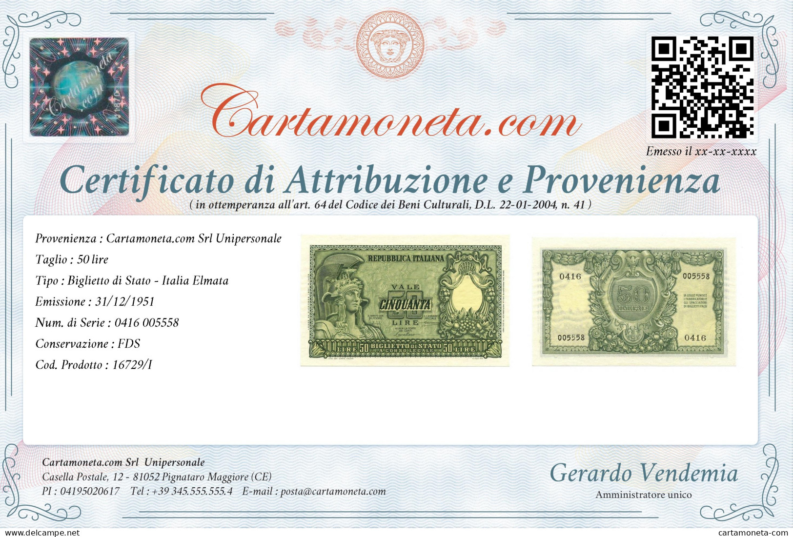 50 LIRE BIGLIETTO DI STATO ITALIA ELMATA BOLAFFI 31/12/1951 FDS - Other & Unclassified