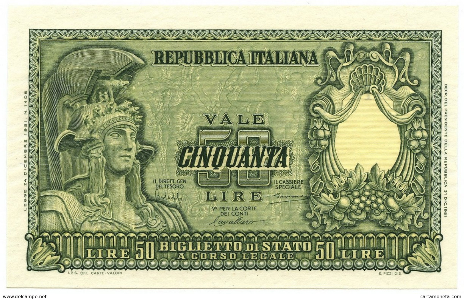 50 LIRE BIGLIETTO DI STATO ITALIA ELMATA BOLAFFI 31/12/1951 FDS - Sonstige & Ohne Zuordnung