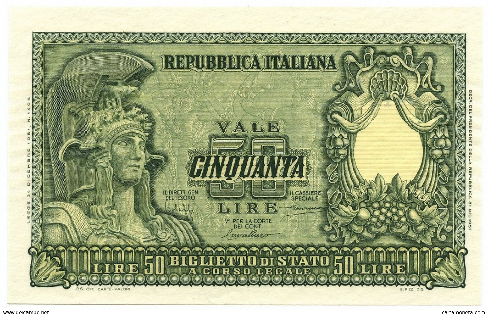 50 LIRE BIGLIETTO DI STATO ITALIA ELMATA BOLAFFI 31/12/1951 FDS-/FDS - Sonstige & Ohne Zuordnung