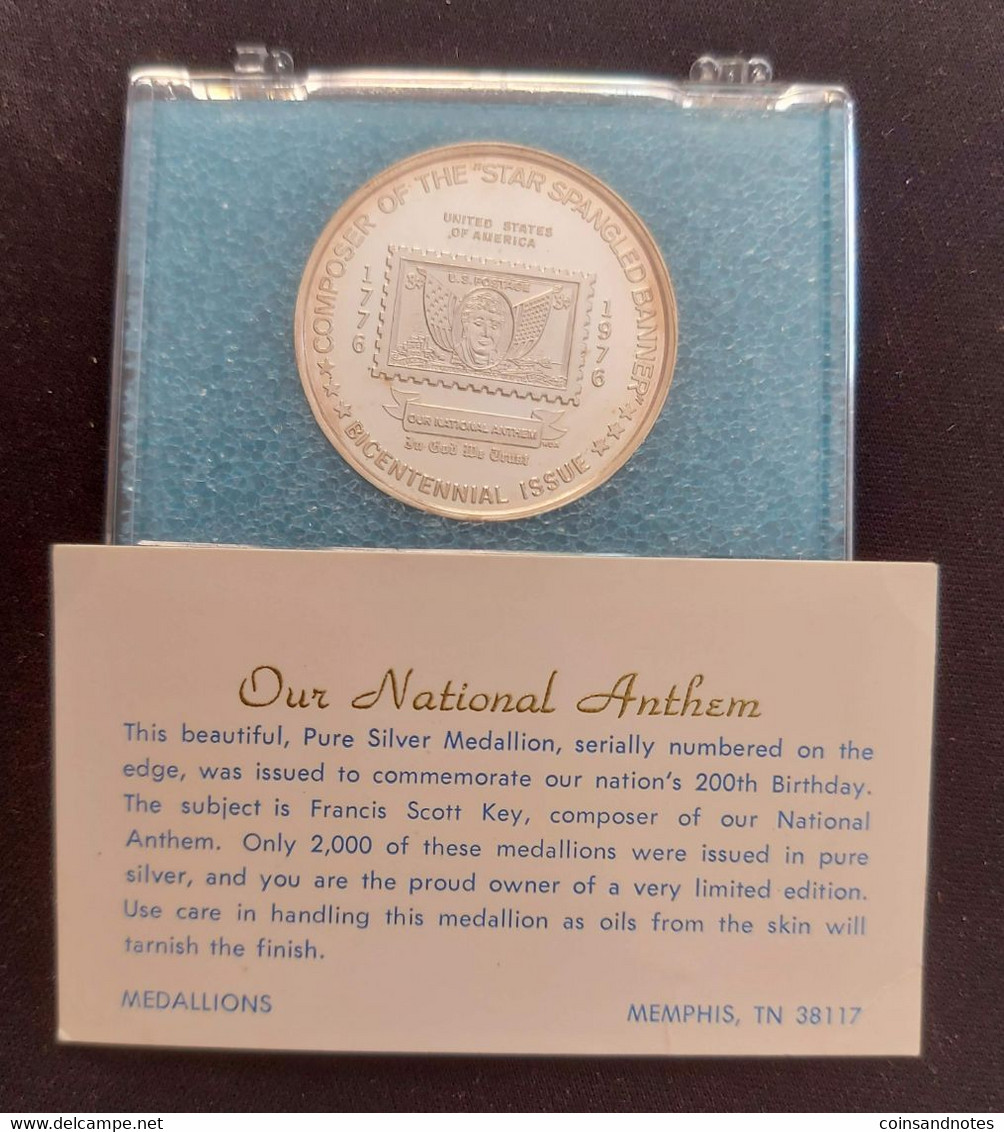 USA - Pure Silver Medallion - The National Anthem - Bicentennial - Fr. Scott Key - COA - Sammlungen