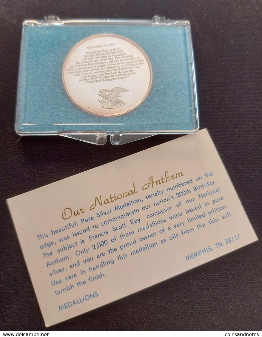 USA - Pure Silver Medallion - The National Anthem - Bicentennial - Fr. Scott Key - COA - Collections