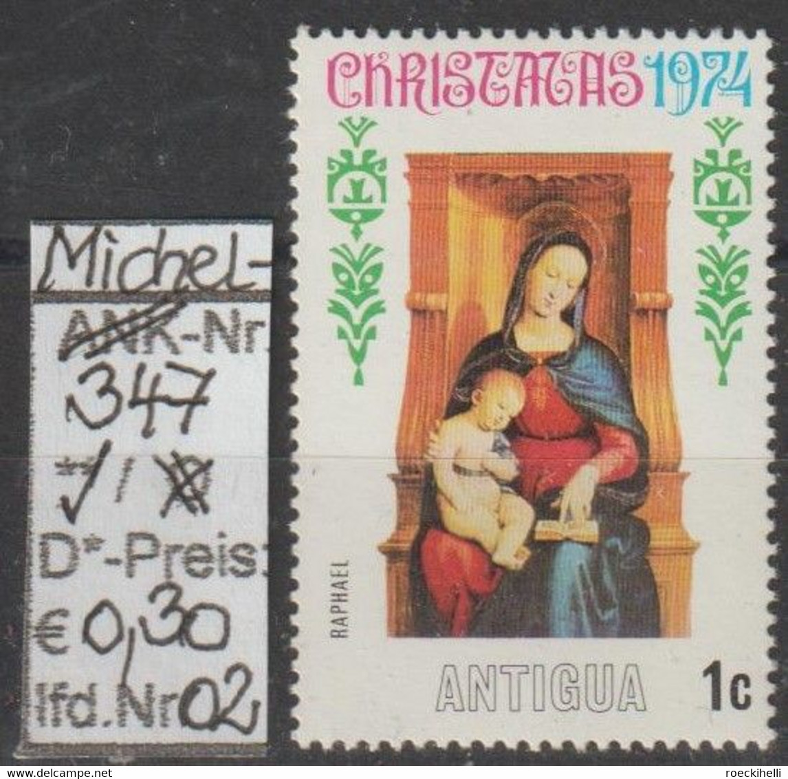 1974 - ANTIGUA - SM "Weihnachten-Madonnengemälde" 1 C Mehrfärbig - ** Postfrisch - S.Scan  (347 01-02 Antigua) - West Indies