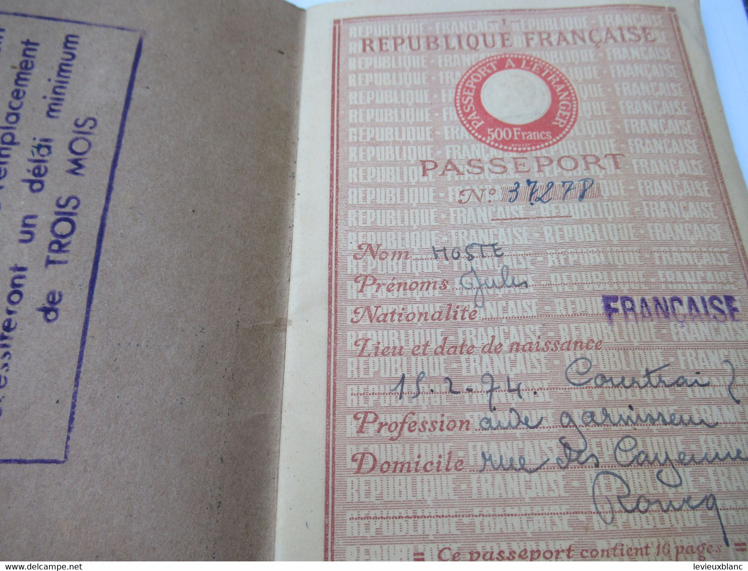 Passeport Ancien / RONCQ/ Nord /  Jules HOSTE / Aide Garnisseur/Préfecture Du NORD/ 1947                 AEC216 - Other & Unclassified