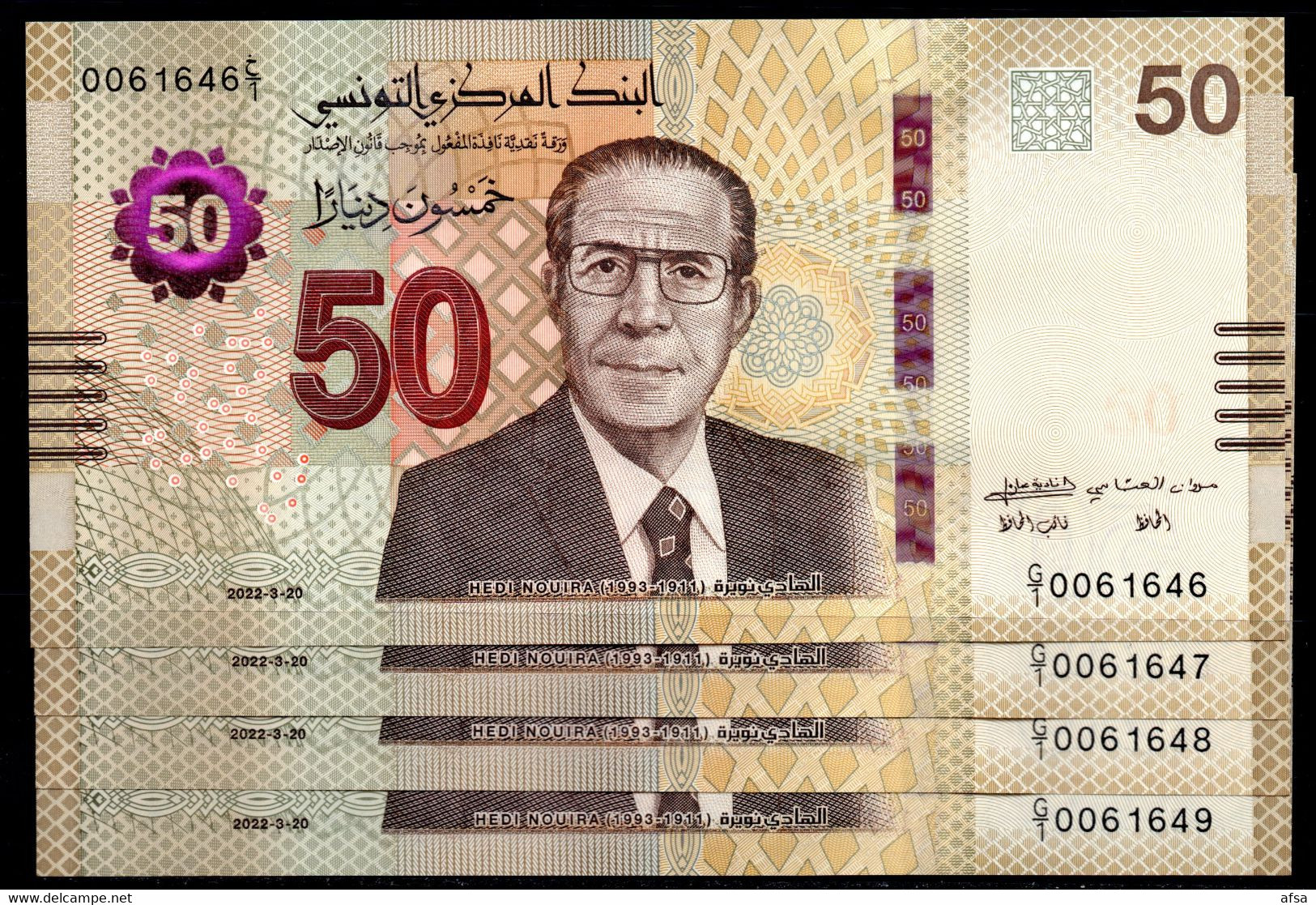 4 Banknotes Of 50 Dinars  2022 UNC** (FREE SHIPPING) // 4 Billets De 50 Dinars 2022 Neufs** (ENVOI GRATUIT) - Tunisie