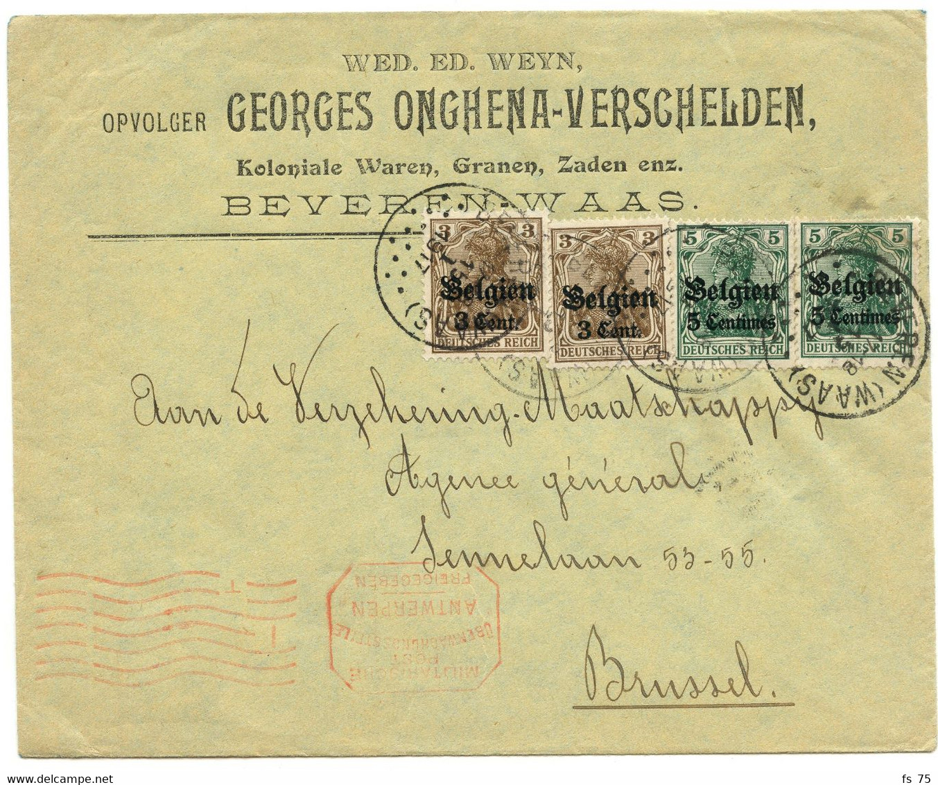 BELGIQUE - COB OC 2X2+11X2 BEVEREN (WAAS) SUR LETTRE, 1917 - Armada Alemana