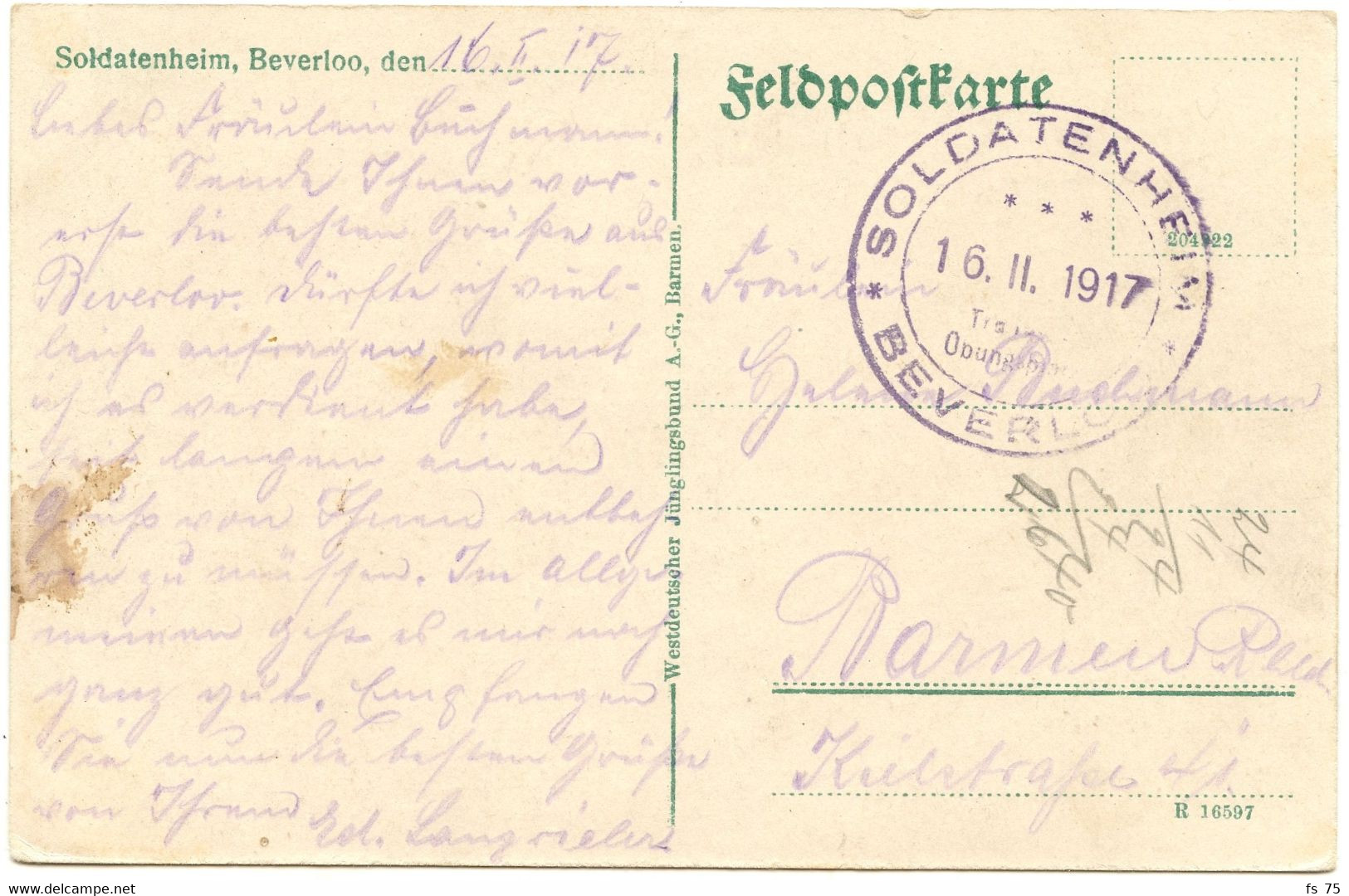 BELGIQUE - SOLDATENHEIM BEVERLOO SUR FELDPOSTKARTE, 1917 - Esercito Tedesco