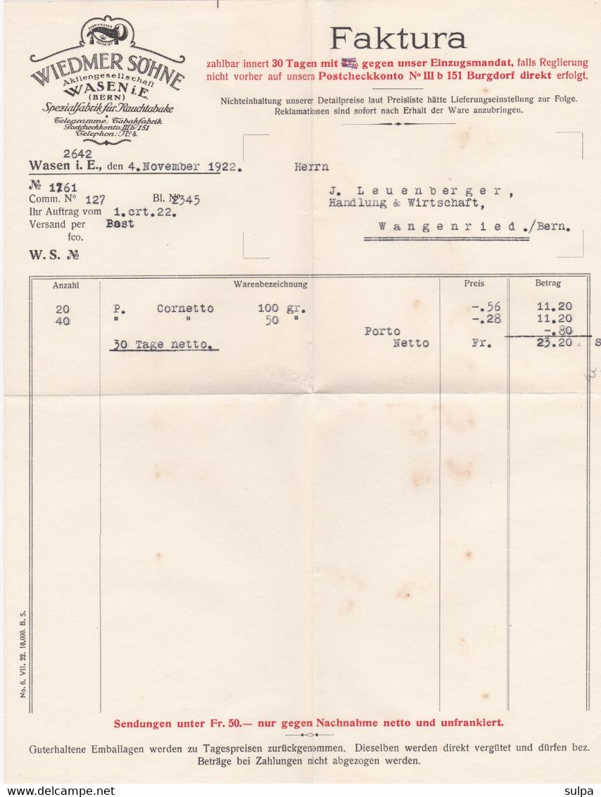 Tabac : Rechnung Wiedmer Söhne, Spezialfabrik Für Rauchtabake, Wasen I. E. 1925 - Suisse