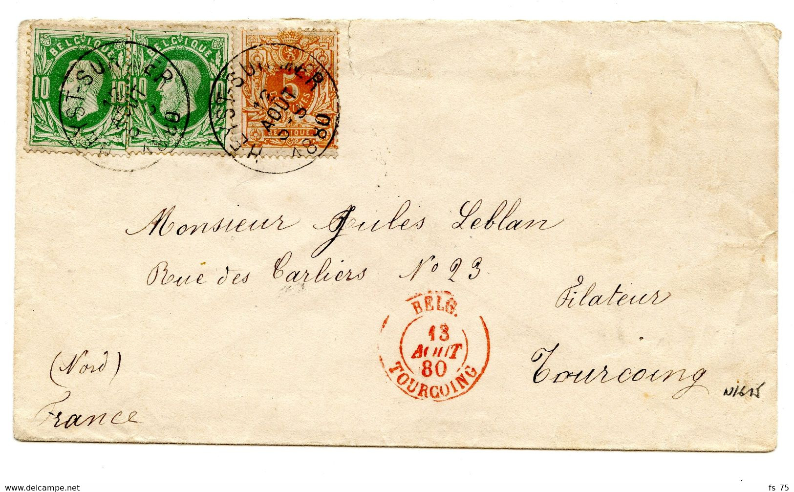 BELGIQUE - COB 28+30X2 SIMPLE CERCLE HEYST SUR MER SUR LETTRE POUR TOURCOING, 1880 - 1869-1883 Léopold II