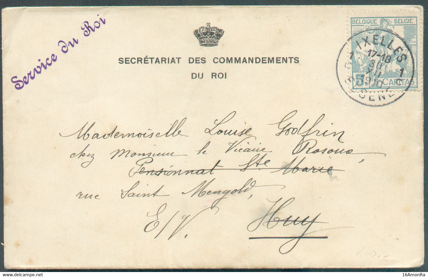 5 Centimes CARITAS Montald (ligné) Obl. Sc IXELLES 1 Sur Lettre Du Secrétariat Des Commandements Du ROI + Griffe Service - 1910-1911 Caritas