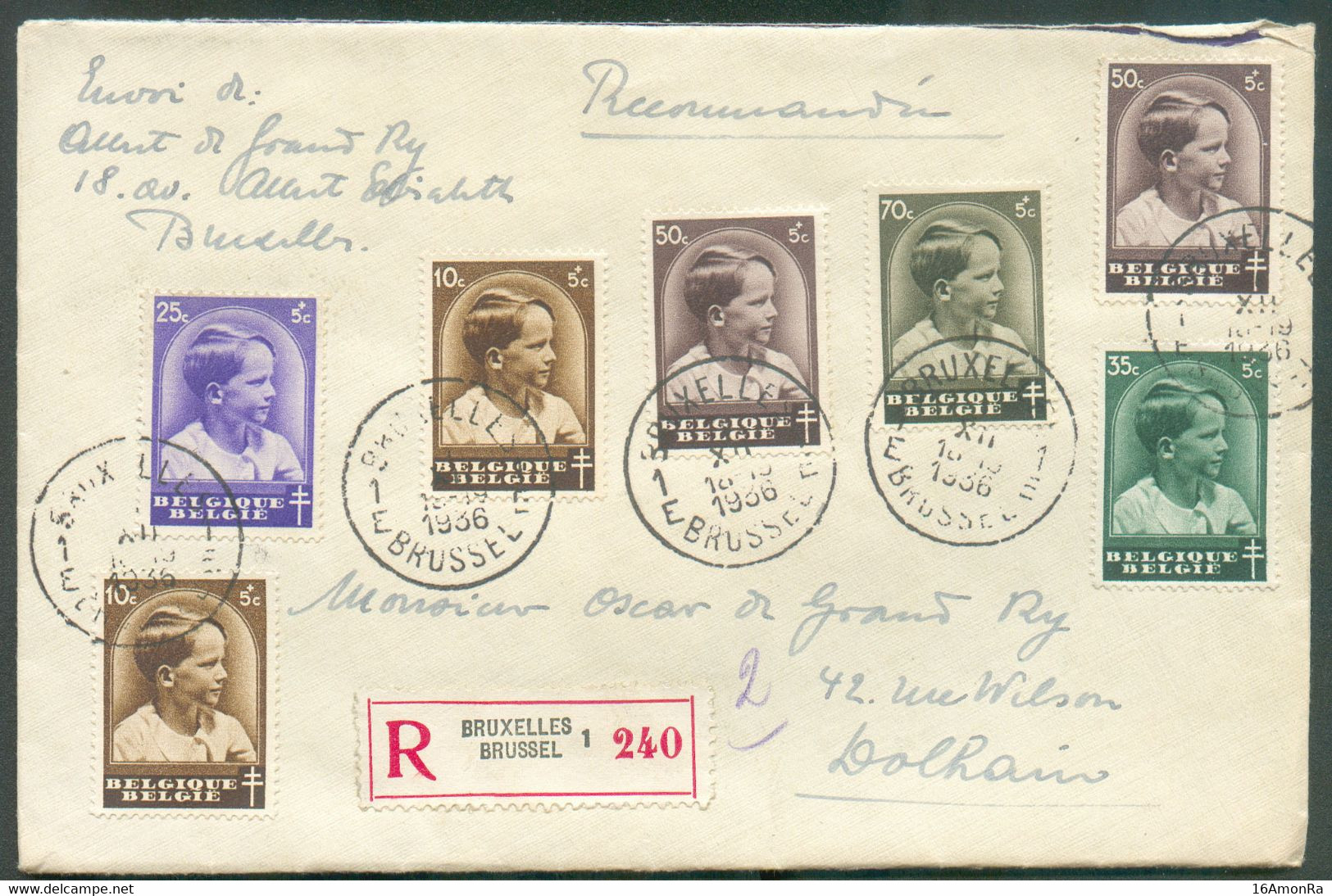 Diverses Valeurs De La Série BAUDOUIN Enfant Obl. Sc BRUXELLES 1 Sur Lettre Recommandée Du 1-XII-1936 Vers Dolhain - 197 - Covers & Documents