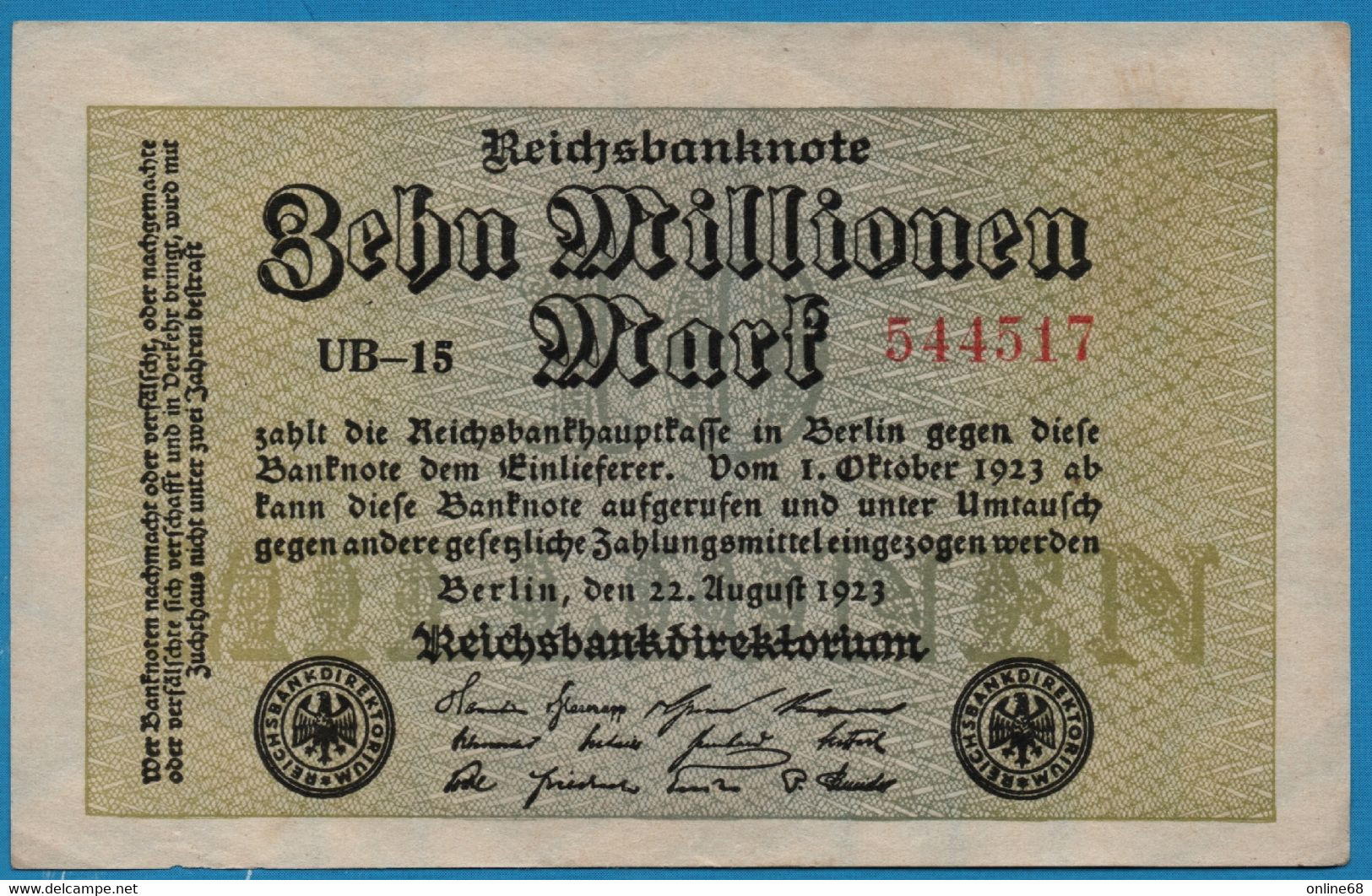 DEUTSCHES REICH 10 MILLIONEN MARK 22.08.1923 # UB-15 544517  P#106a - 10 Mio. Mark