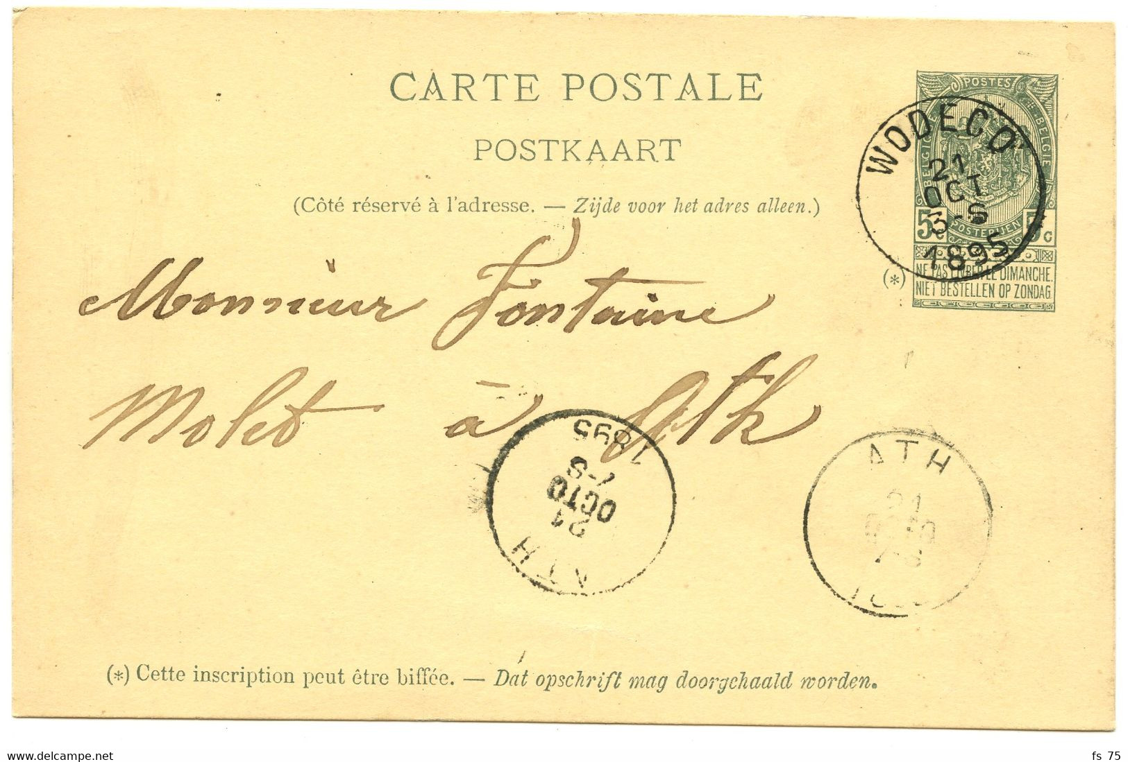 BELGIQUE - ENTIER 5C ARMOIRIES SIMPLE CERCLE WODECQ SUR CARTE POSTALE, 1895 - Cartes Postales 1871-1909