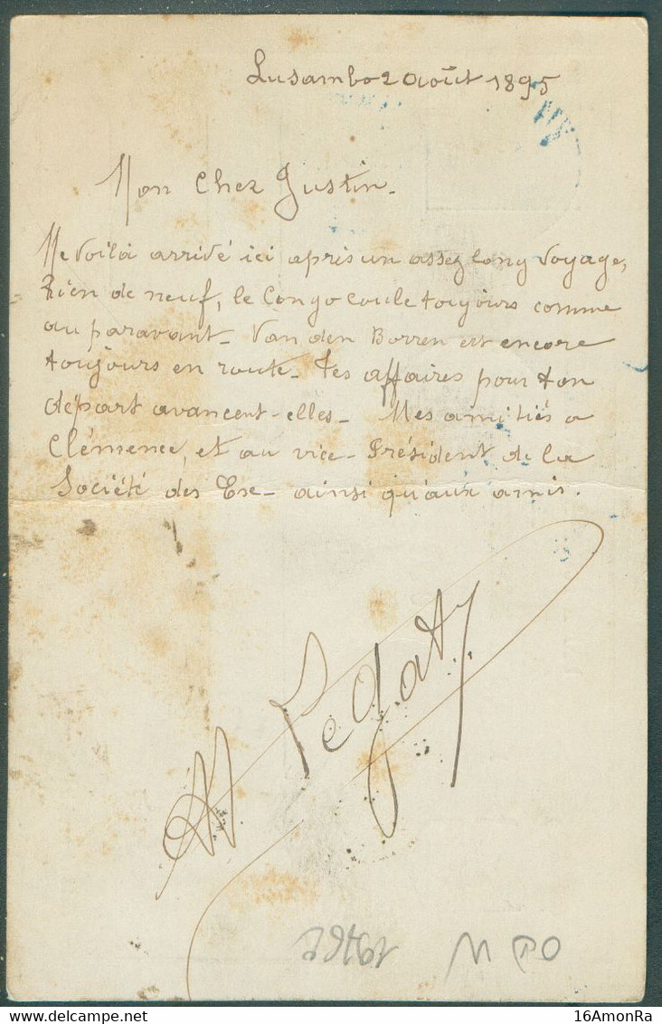 E.P. Carte 15c. Léopold II Bleu S/bleu Pâle Datée De LUSAMBO 2 Août 1895 Obl. Sc Bleue De LEOPOLDVILLE 16 Août 1895 Vers - Entiers Postaux