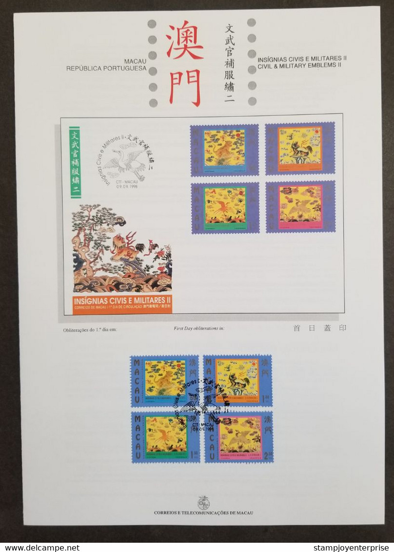 Macau Macao Civils & Military 1998 Traditional Costumes Craft Costume (stamp On Info Sheet) - Covers & Documents