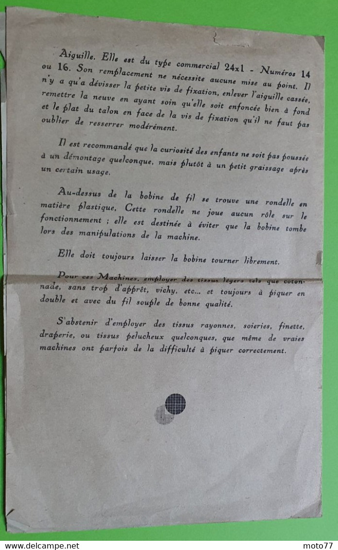 Document  Mode D'emploi NOTICE Pour MACHINES A COUDRE JOUETS (plié En Quatre Environ 14 X 10.5 Cm) - Vers 1960 - Matériel Et Accessoires