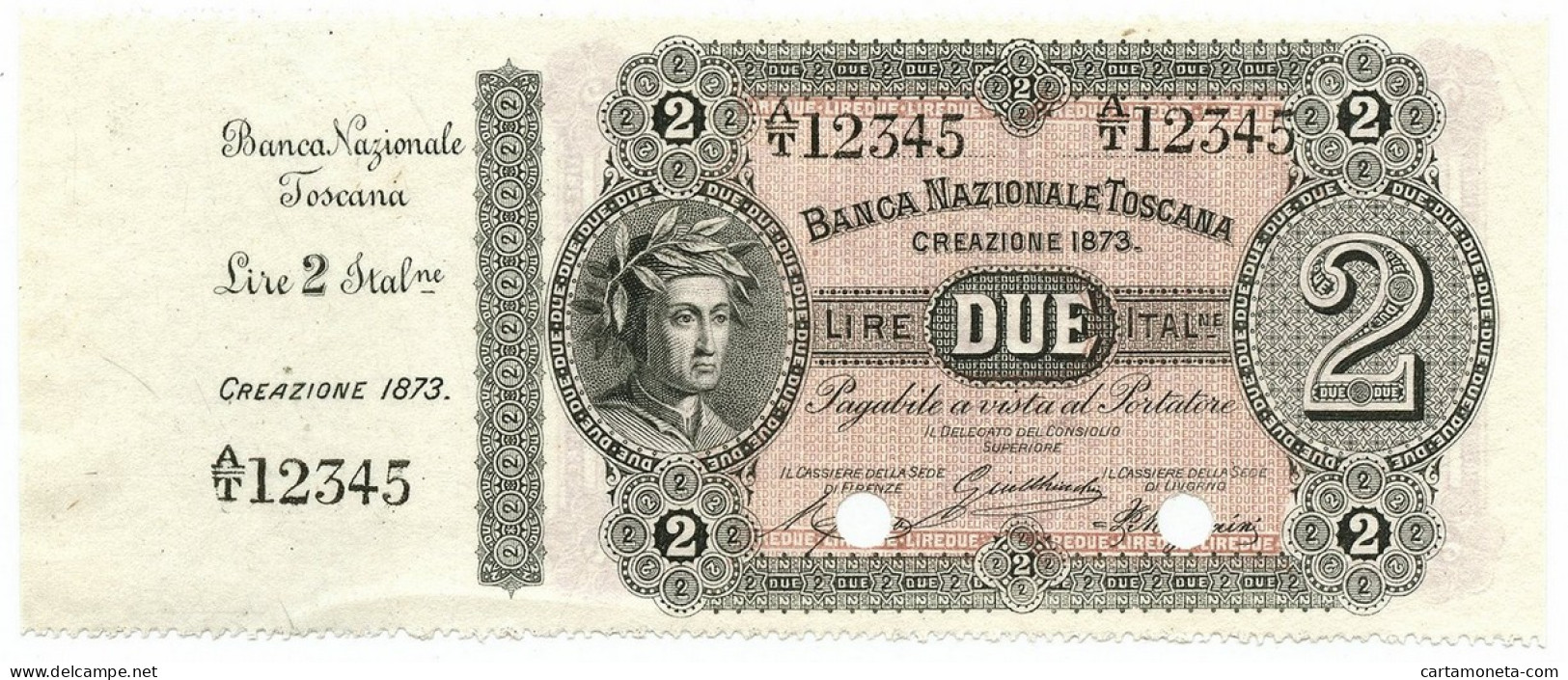 2 LIRE CAMPIONE CON MATRICE BANCA NAZIONALE TOSCANA REGNO D'ITALIA 1873 QFDS - Autres & Non Classés