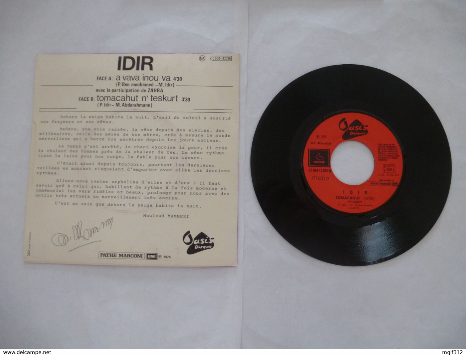 IDIR : EP 2 Titres - Editeur EMI PATHE - 1975 - Musiques Du Monde