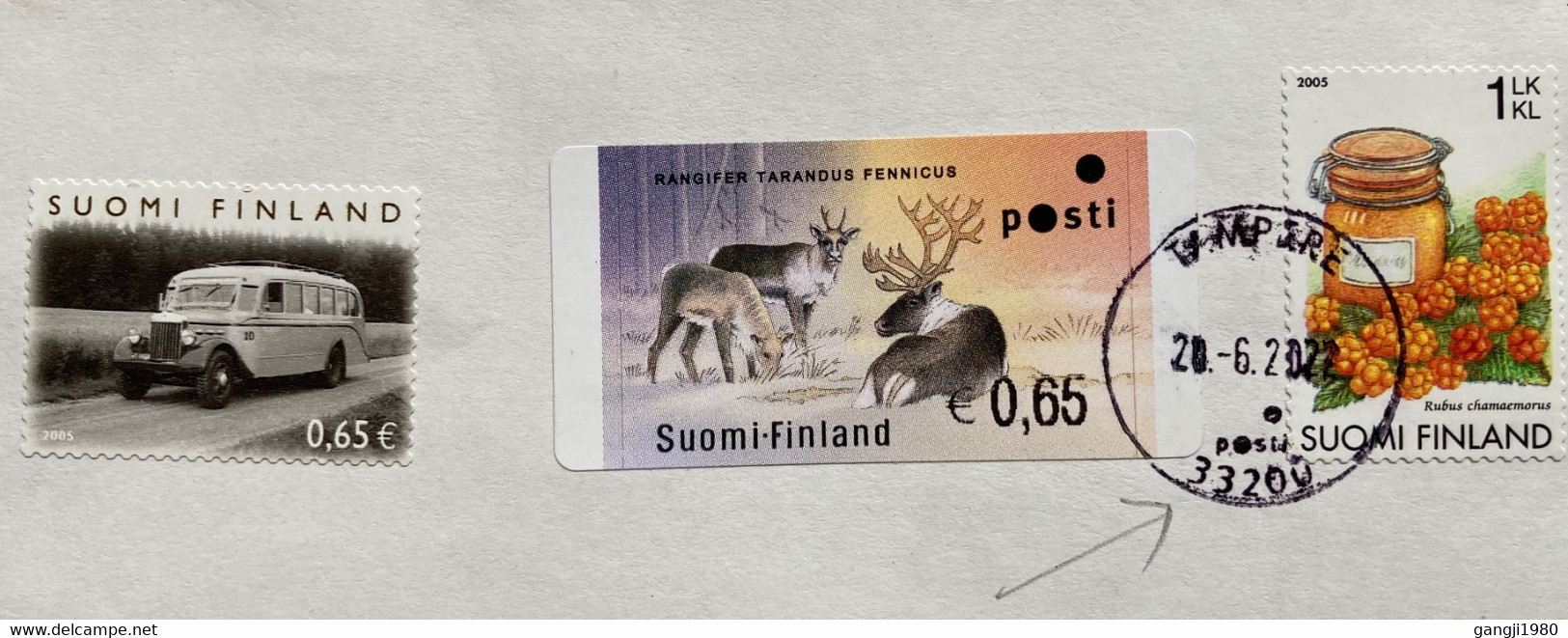 FINLAND 2022, AIM MACHINE VENDING, SELF ADHESIVE ANIMAL,MOTOR  BUS ,FRUIT JAM 3 STAMPS TAMPERE CITY CANCELLATION ECONOMY - Lettres & Documents