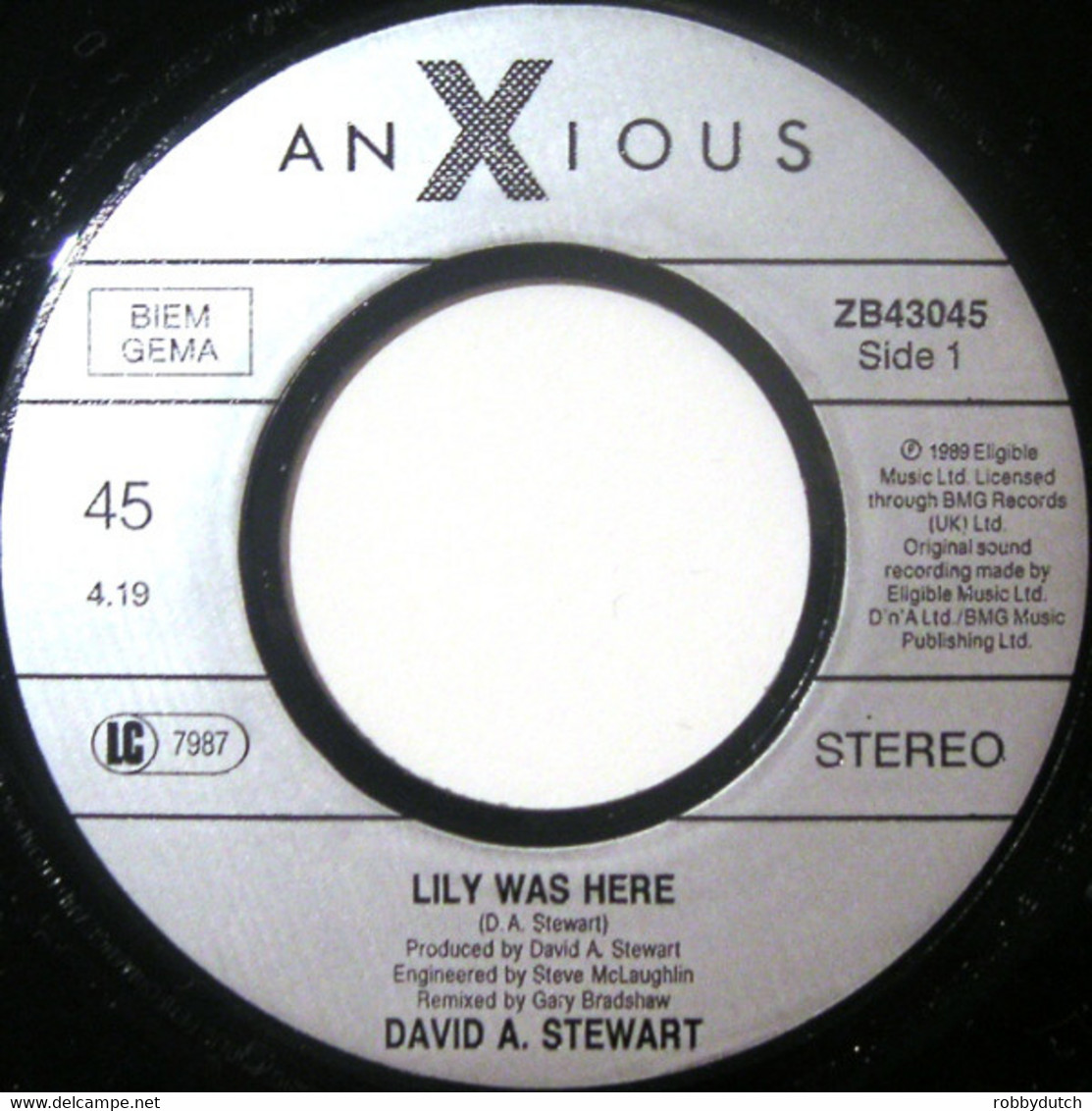 * 7"  * LILY WAS HERE -  DAVID STEWART Featuring CANDY DULFER (Germany 1989) - Instrumentaal