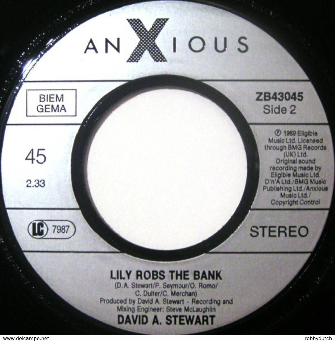 * 7"  * LILY WAS HERE -  DAVID STEWART Featuring CANDY DULFER (Germany 1989) - Strumentali