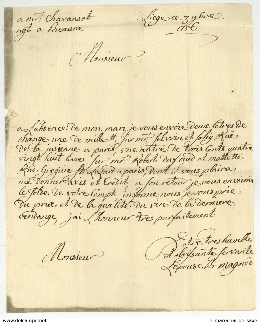 DE LIEGE A Sec 1756 Pour Beaune - 1714-1794 (Paises Bajos Austriacos)