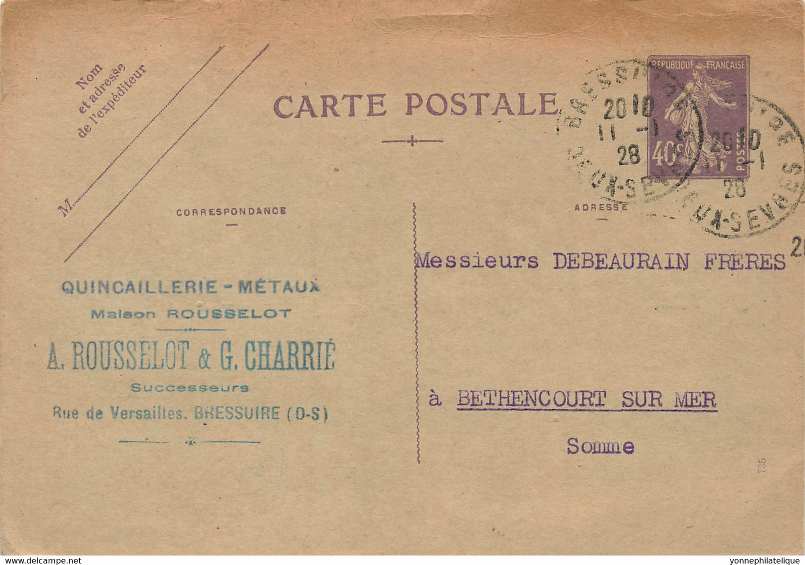 79 - DEUX-SÈVRES - BEAUVOIR-SUR-NIORT - Carte Commerciale Quicaillerie A. ROUSSELOT & CHARRIÉ- Généalogie 1928 -10036 - Beauvoir Sur Niort