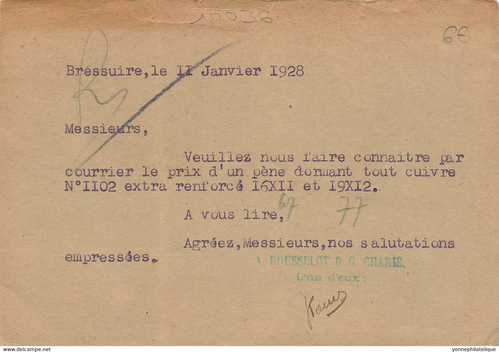 79 - DEUX-SÈVRES - BEAUVOIR-SUR-NIORT - Carte Commerciale Quicaillerie A. ROUSSELOT & CHARRIÉ- Généalogie 1928 -10036 - Beauvoir Sur Niort