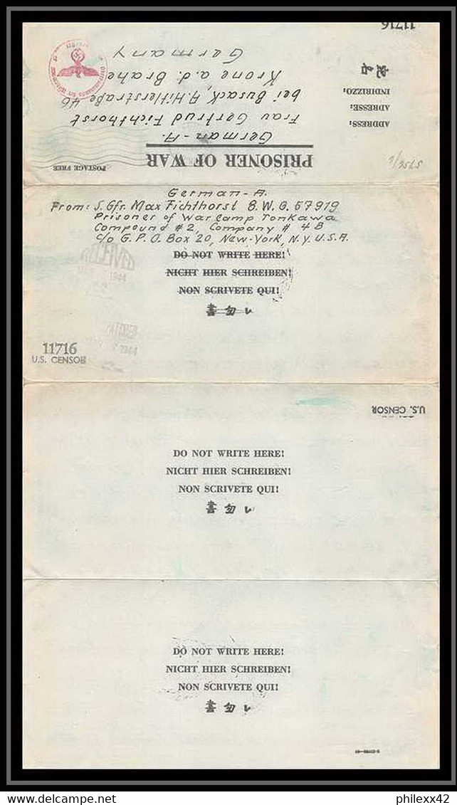 6884/ Lettre (cover Briefe) Tonkawa Japan Usa Allemagne Prisoner Of War Prisonniers 1944 Censuré Censor 11716 - Cartas & Documentos