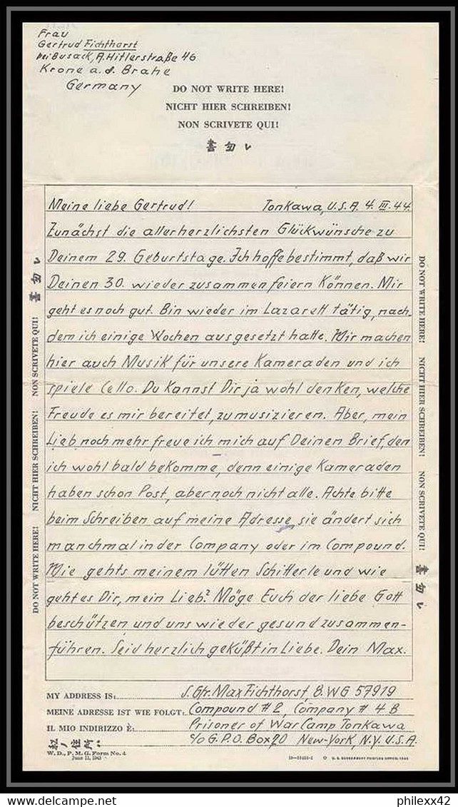 6884/ Lettre (cover Briefe) Tonkawa Japan Usa Allemagne Prisoner Of War Prisonniers 1944 Censuré Censor 11716 - Cartas & Documentos