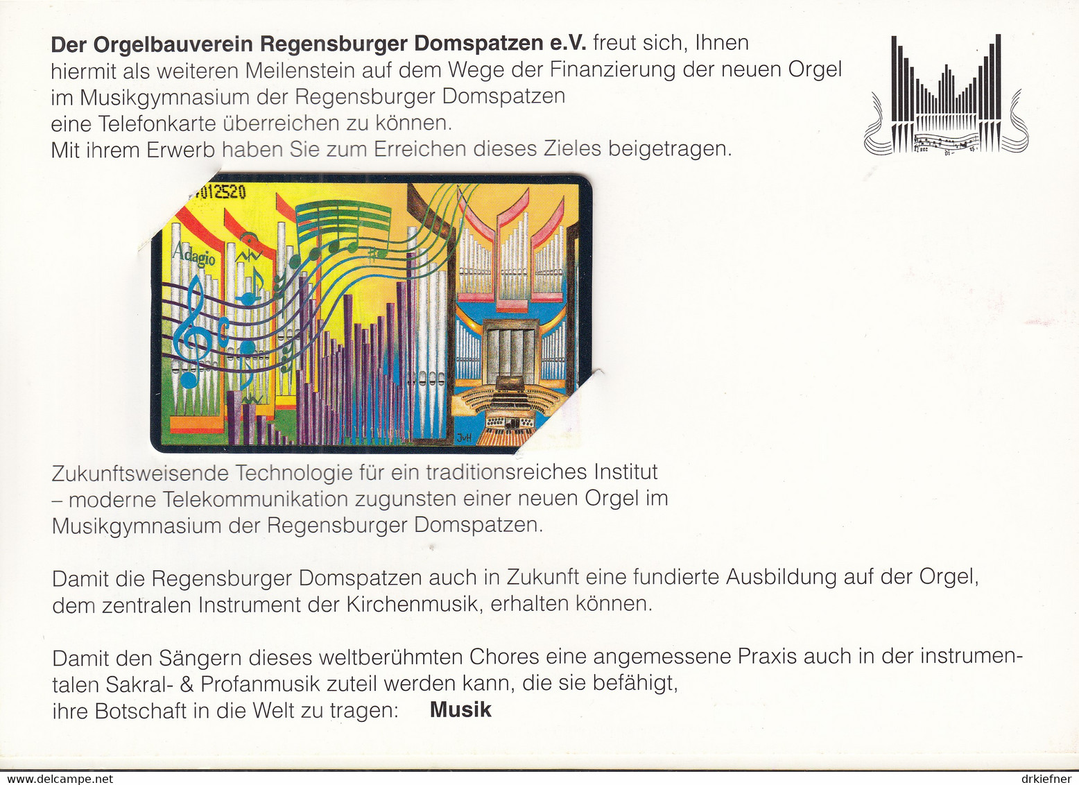 Telefonkarte Des Orgelbauvereins Der Regensburger Domspatzen, 6 DM, 10.1992 - Musique