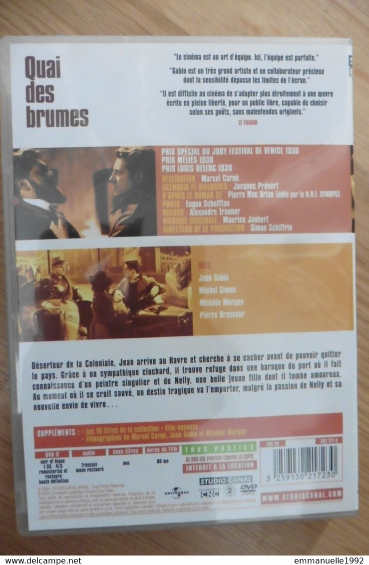 DVD Quai Des Brumes De Marcel Carné Jean Gabin Michèle Morgan - Comme Neuf - Classic